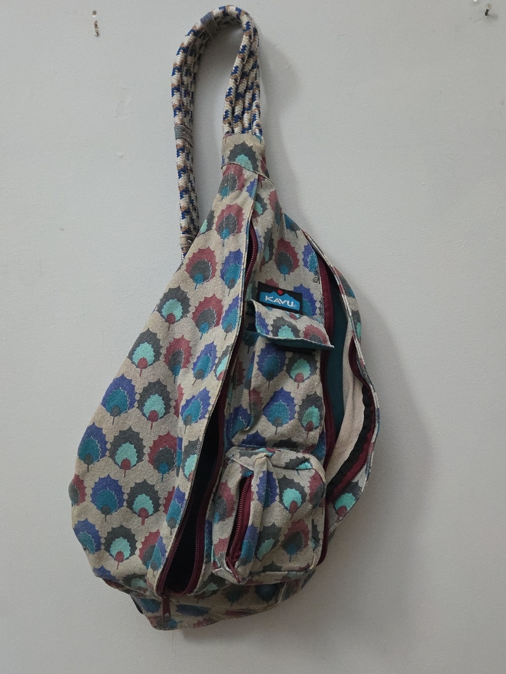 Kavu Teal Blue Maroon Patterned Sling Backpack Vintage